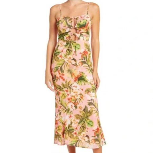 NSR Tropical Cut Out Print Pink Silky Lace Up Maxi Dress M - Picture 1 of 9